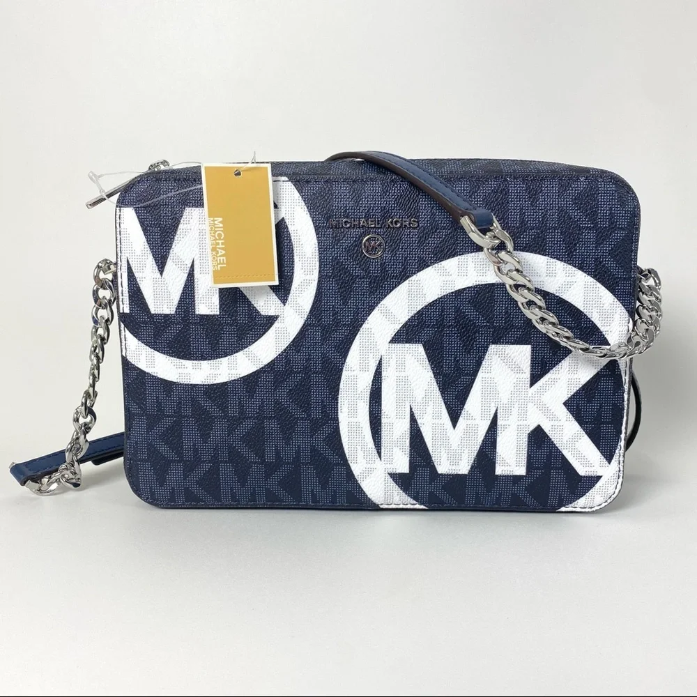 Michael Kors Large Jet set Chain Charm Crossbody Bag Navy with Signature print_7